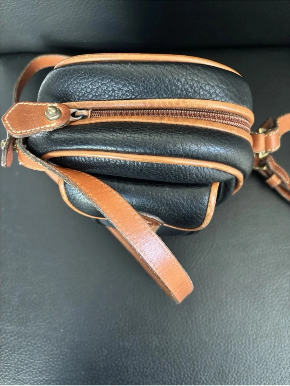 Dooney & Bourke Black Pebbled Leather Mini Crossbody with Tan Trim